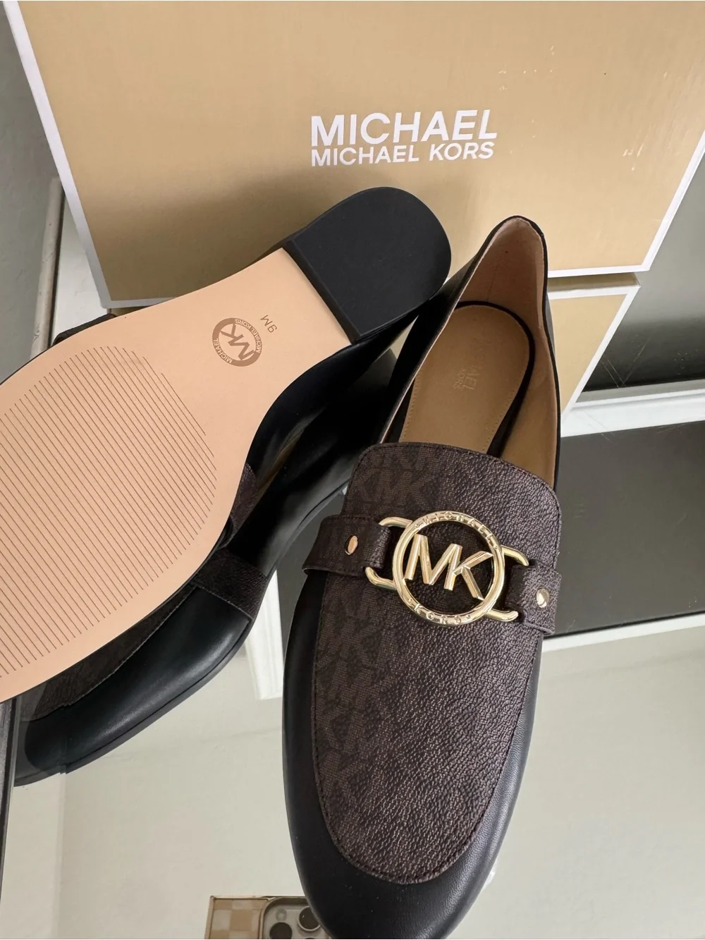 Michael Kors Brown and Black MK Logo Horsebit Loafers